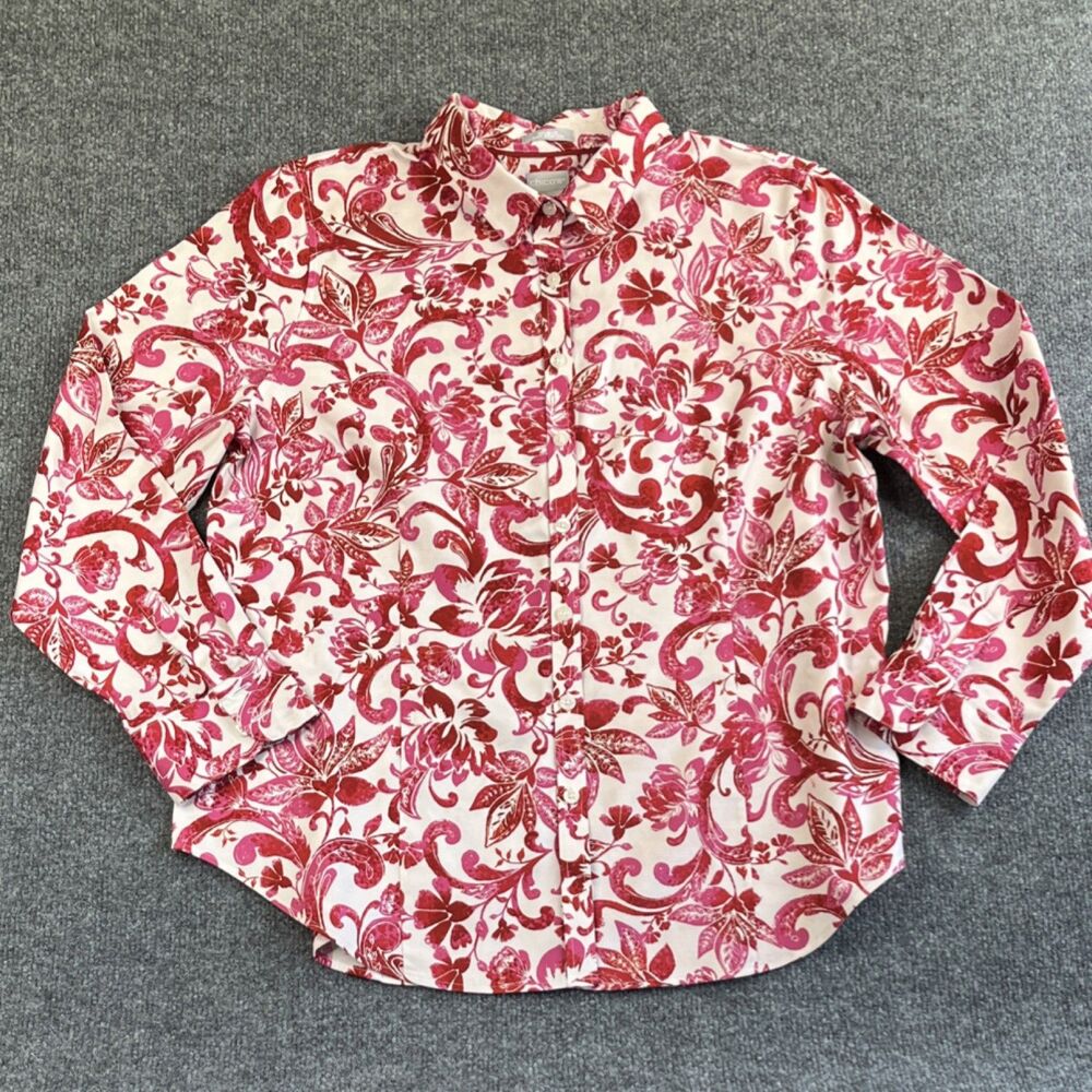 Chico’s No Iron Chic Stretch Women’s Floral Collared Button-Down Blouse Sz 3